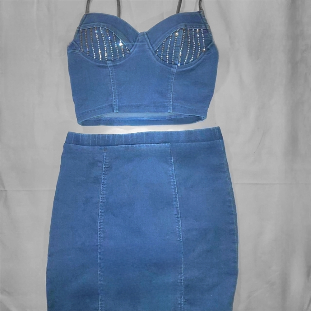 Haute Monde Denim Rhinestone Crop Top & Skirt - Picture 6 of 15